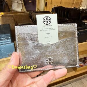 Tory Burch Emerson Slim Card Case 176915 Crinkle Metallic Leather Silve